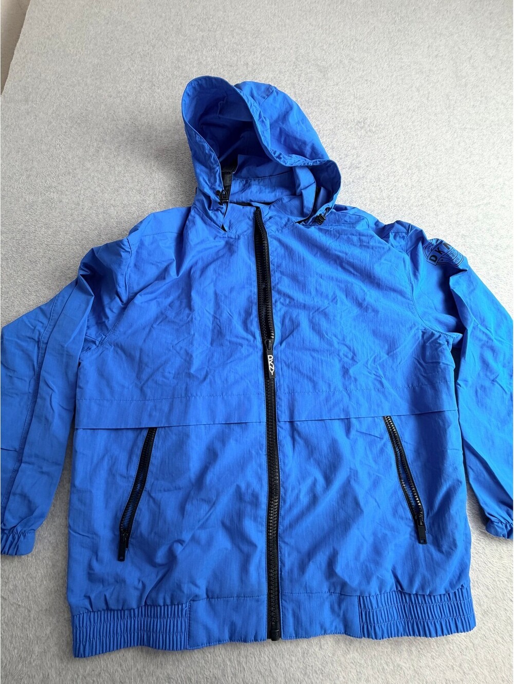 DKNY Mens Blue Lightweight Windbreaker Jacket L Full Zip Hooded Nylon Mesh Lined